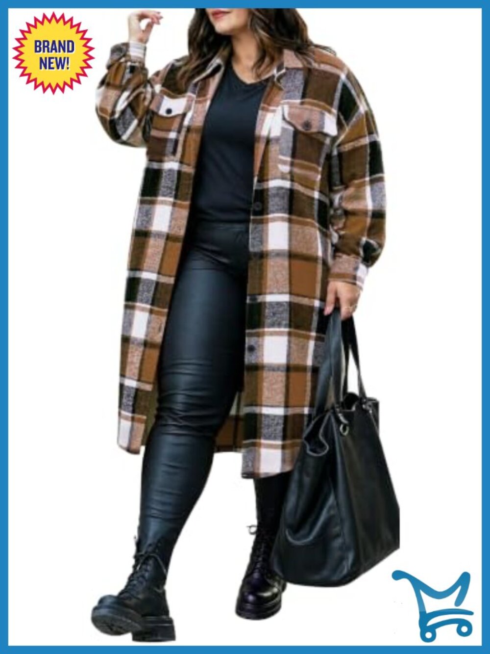 Womens Plus Size Flannel Plaid Button Down Shacket Jacket